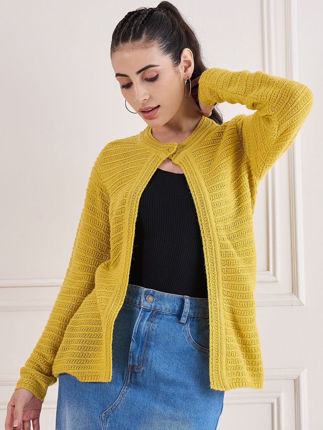 

CREATIVE LINE Women Cable Knit Woollen Longline Cardigan, Mustard