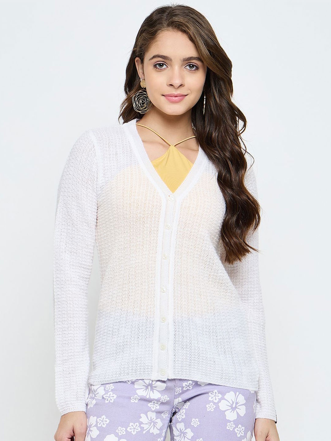 

CREATIVE LINE Women Woollen Cardigan, White