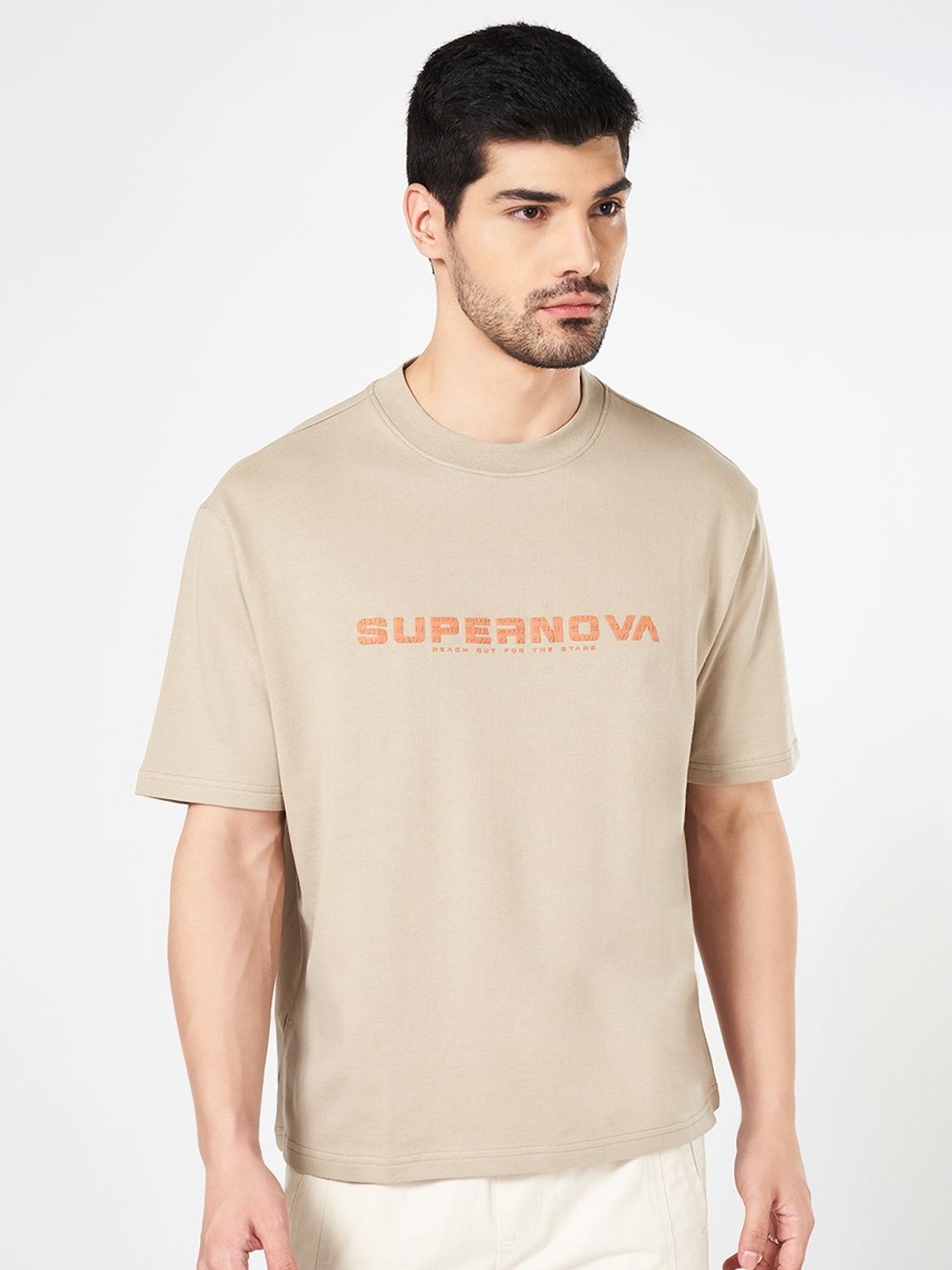 

Street 808 by Pantaloons Men Typography Printed Round Neck Cotton Boxy T-shirt, Beige