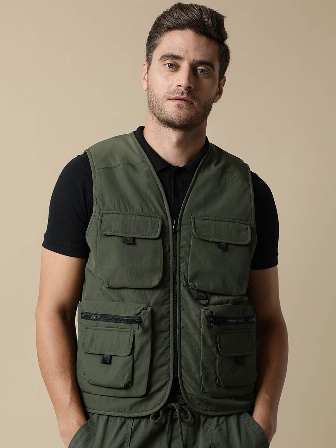 

Fort Collins Men Collarless Solid Casual Sporty Jacket, Olive