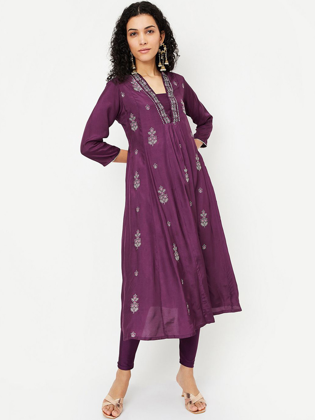 

max Floral Embroidered Thread Work V-Neck Anarkali Kurta, Purple