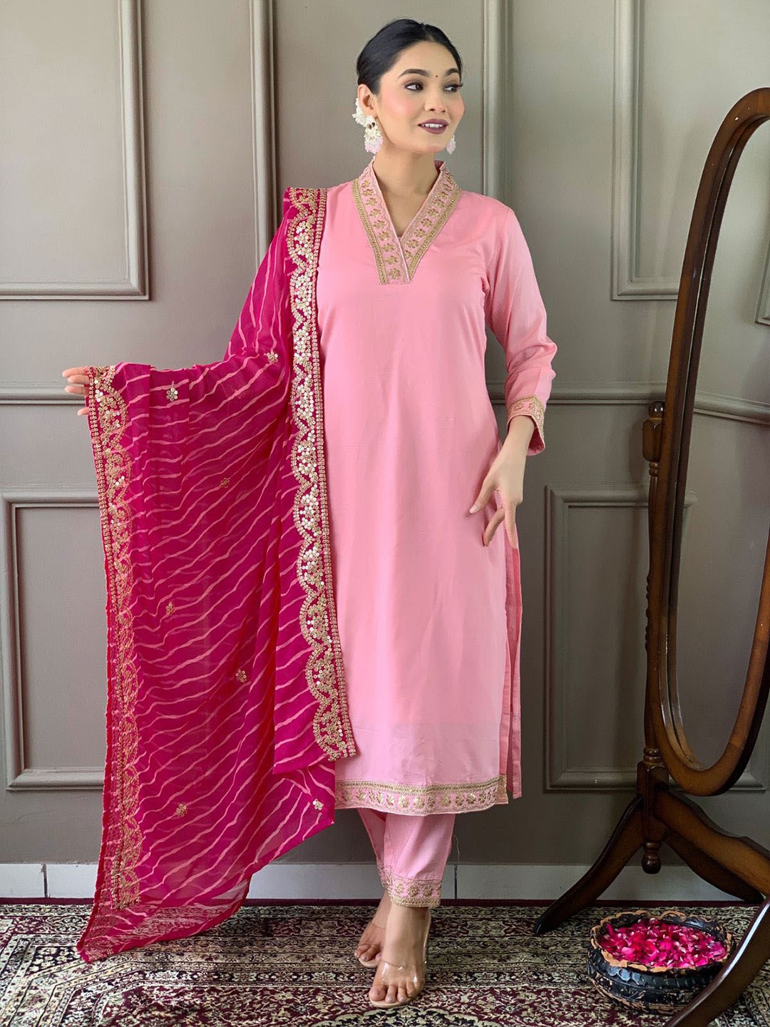 

ODETTE Floral Embroidered Straight Kurta With Trouser & Dupatta, Pink