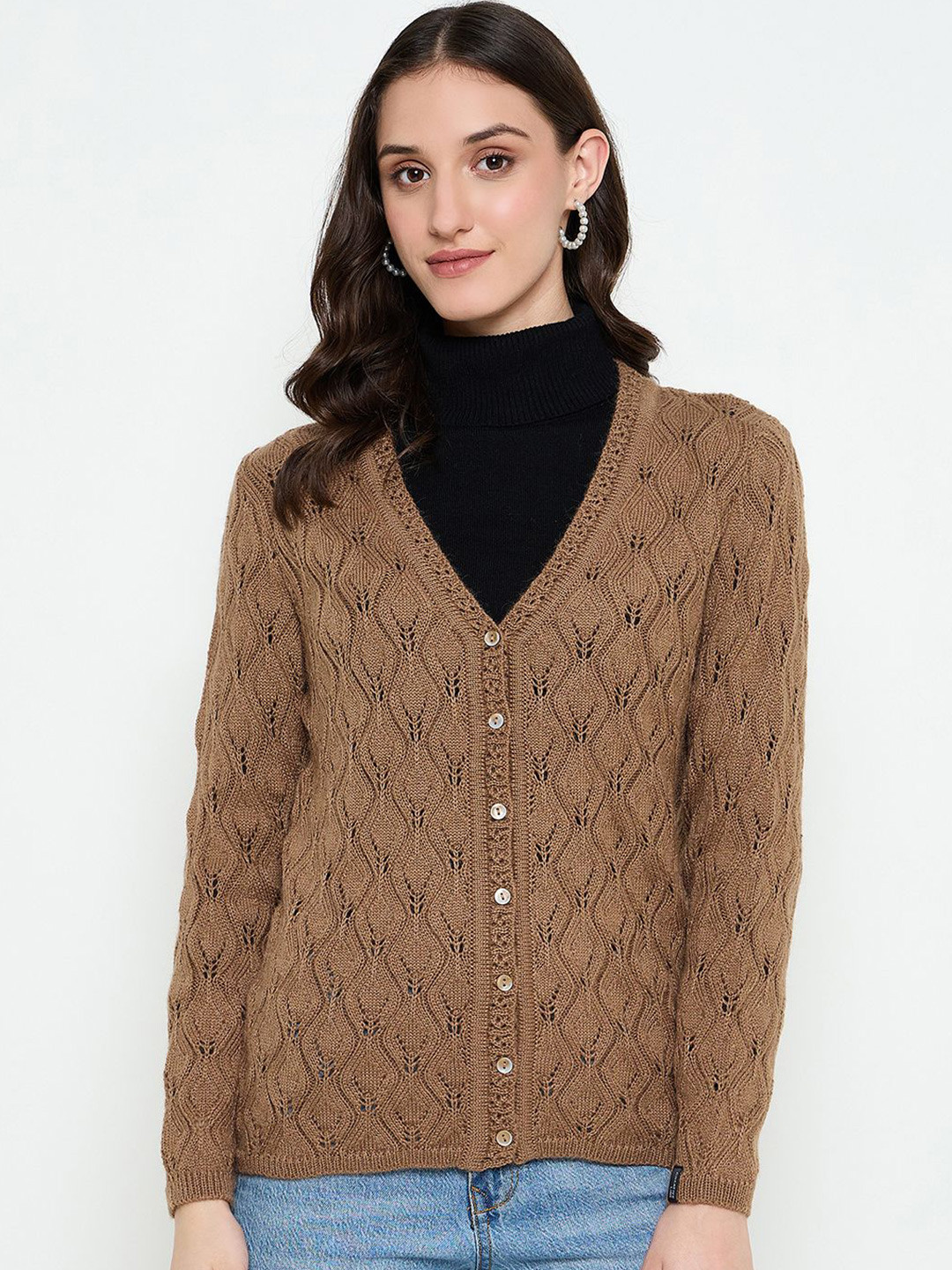 

CREATIVE LINE Women Woollen Self Desgin Knitted Cardigan, Beige