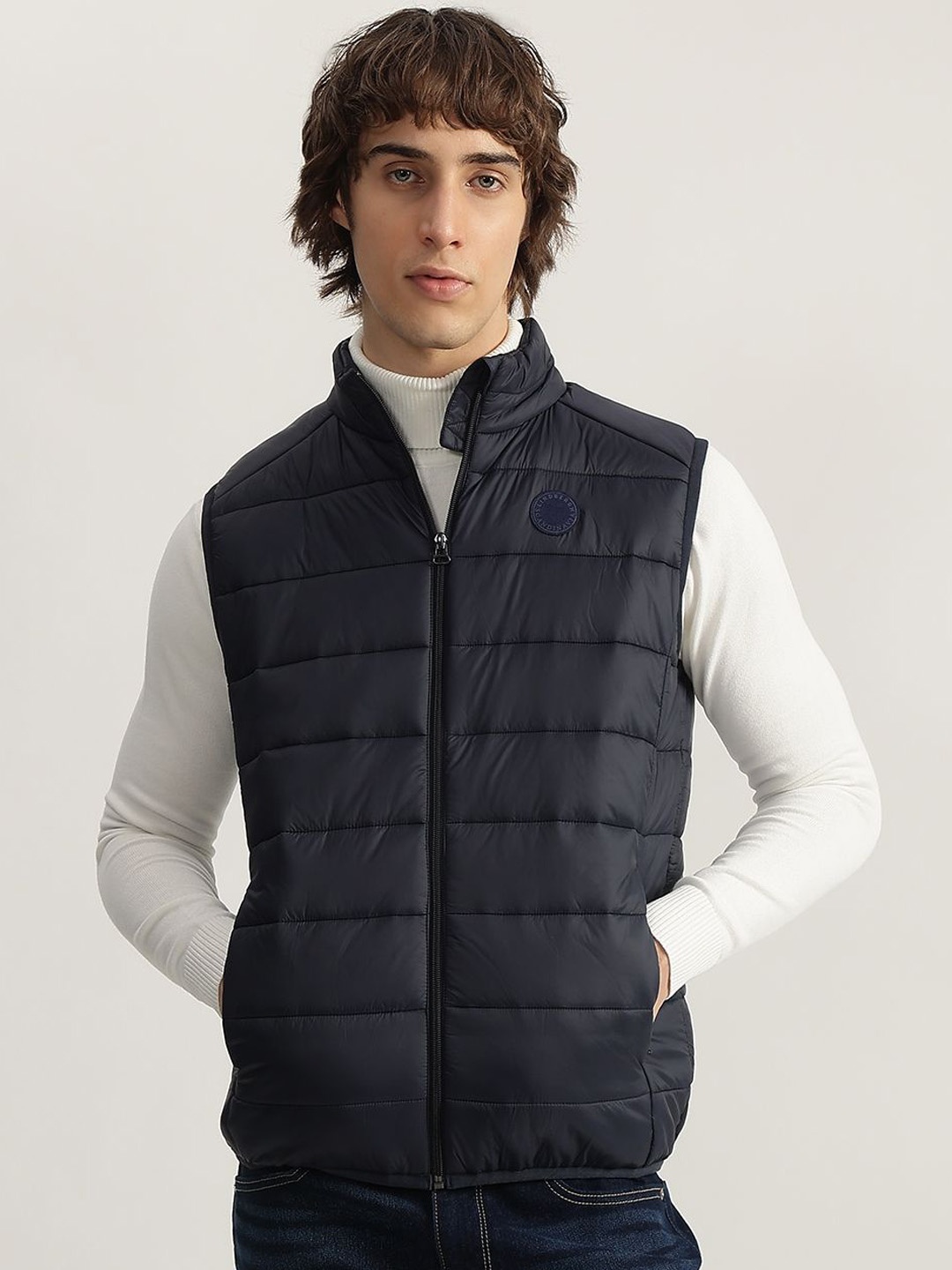 

LINDBERGH Men Mock Collar Solid Casual Padded Jacket, Navy blue