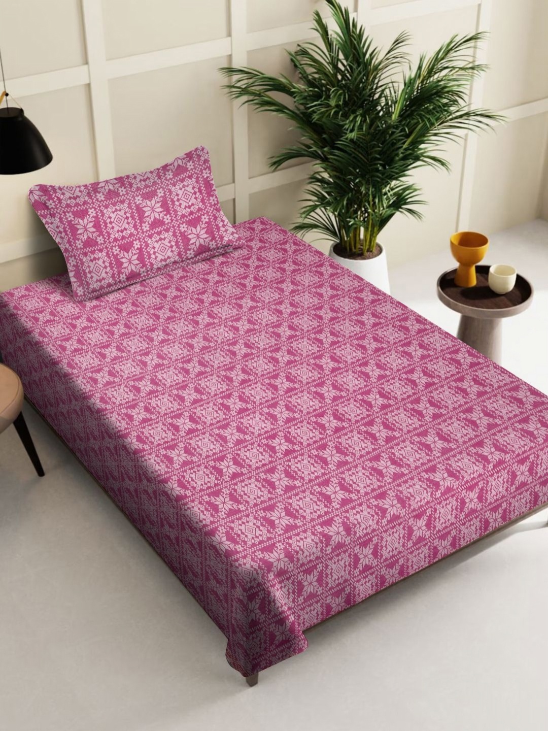 

KLOTTHE Pink Woven Design Pure Cotton Single Bedcover with Pillow cover