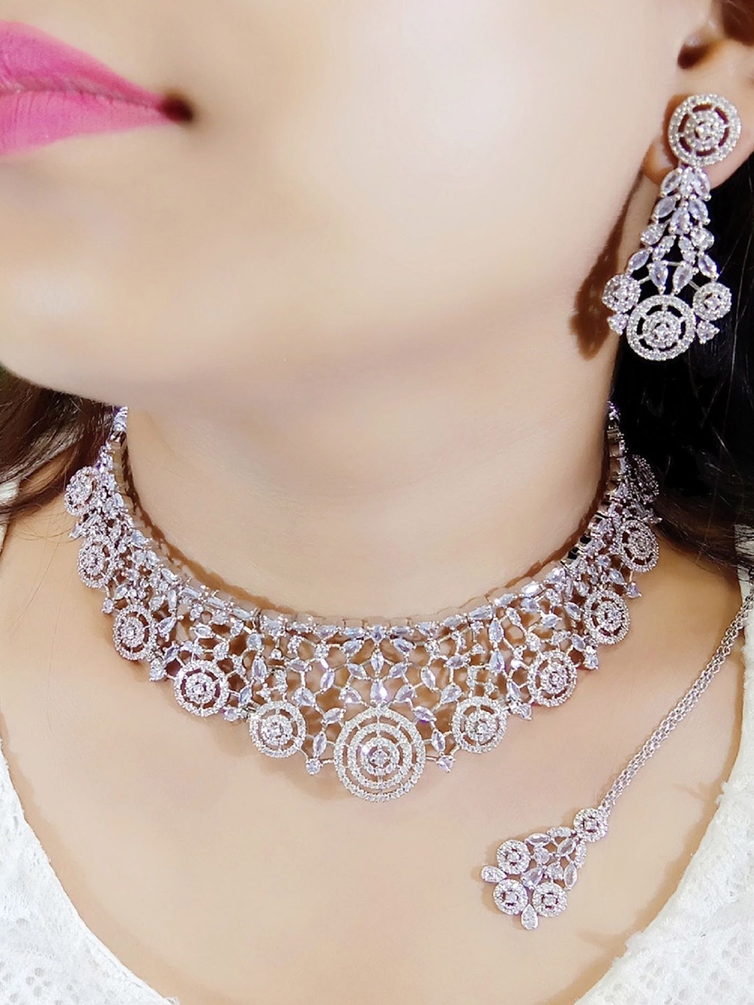 

Ladymania Silver-Plated American Diamond Stone-Studded Jewellery Set