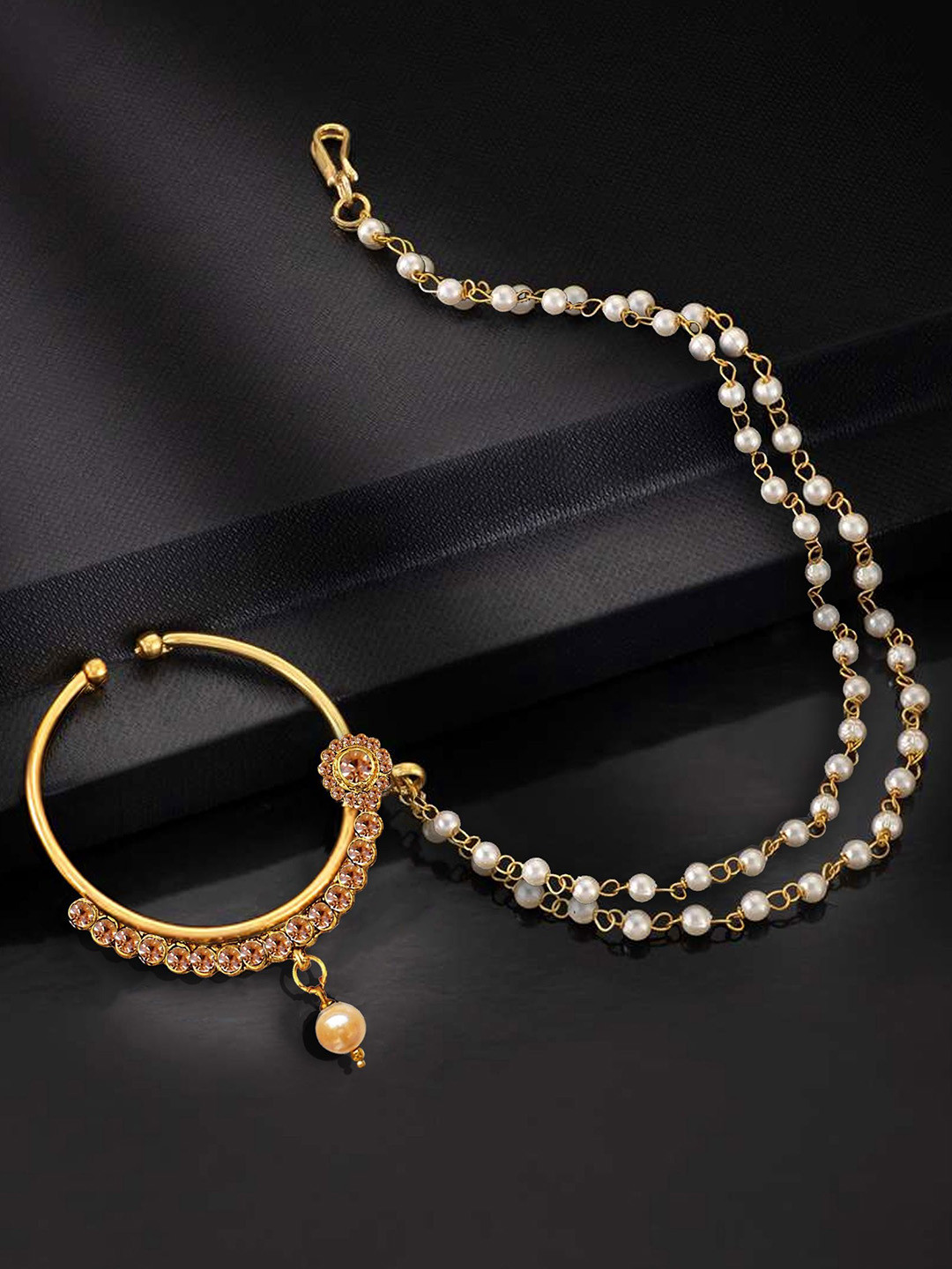 

LUCKY JEWELLERY 18K Gold-Plated Cubic Zirconia Chained Nosepin