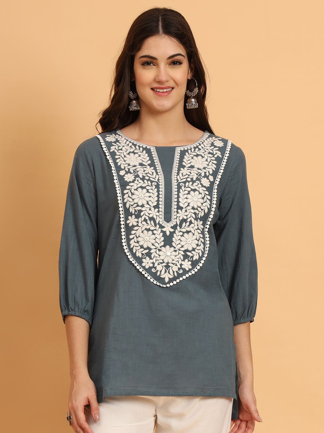 

AAYUMI Embroidered Round Neck Cotton Top, Grey