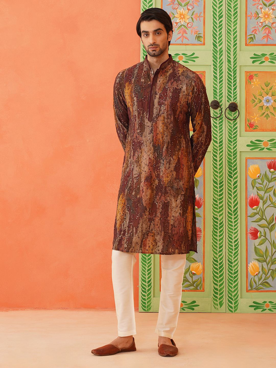 

TheEthnic.Co Floral Embroidered Mandarin Collar Sequinned Straight Kurta, Brown