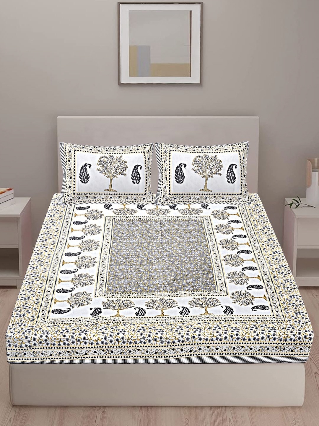 

VANI E Grey & White Floral 180 TC Cotton King Bedsheet Set-2.54 m x 2.74 m