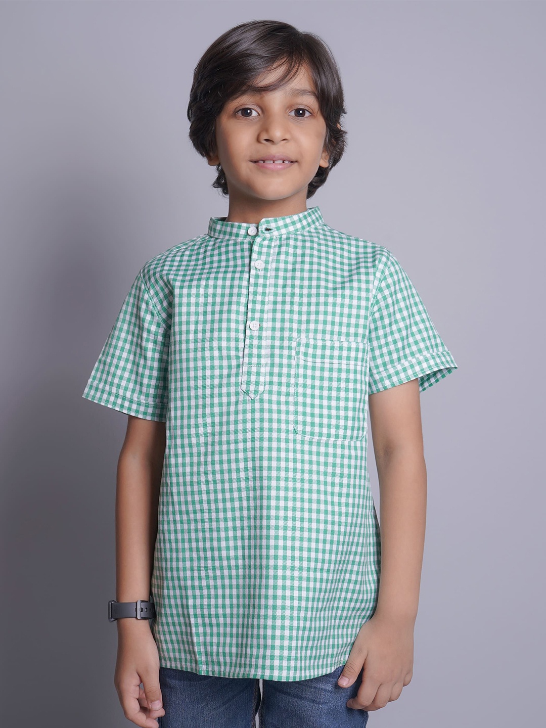 

Biglilpeople Boys Standard Band Collar Gingham Checked Cotton Casual Shirt, Green