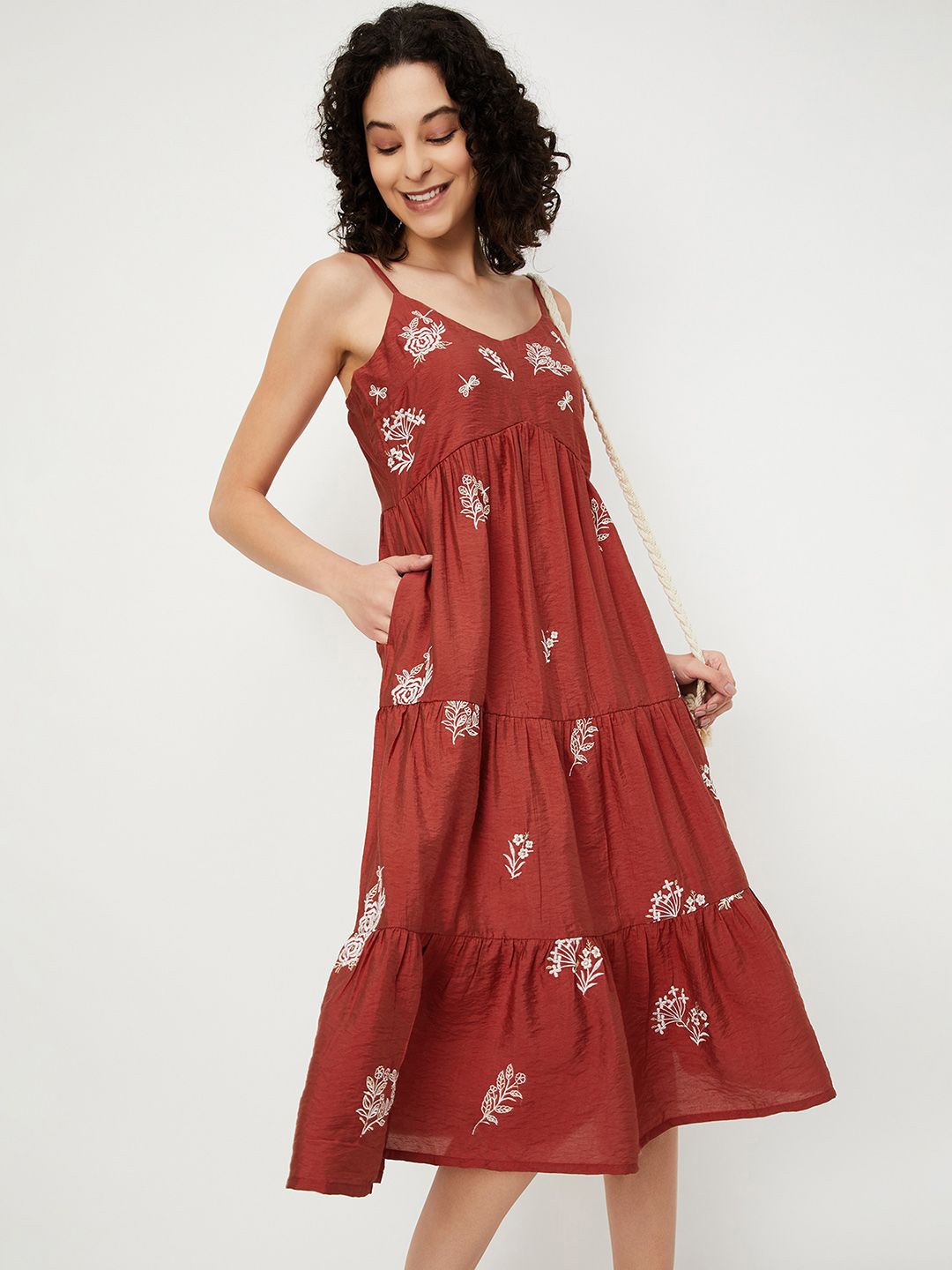 

max Floral Embroidered Empire Dress, Rust