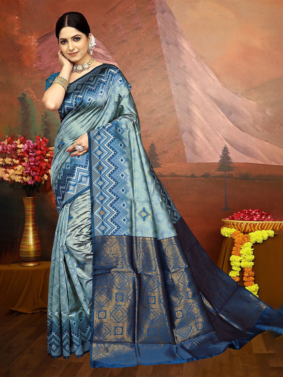 

APNISHA Woven Design Zari Pure Silk Banarasi Saree, Turquoise blue
