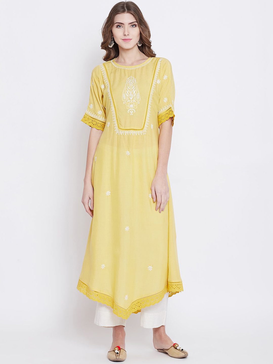 

The Kaftan Company Floral Embroidered Round Neck Short Sleeves Modal A-Line Kurta, Yellow