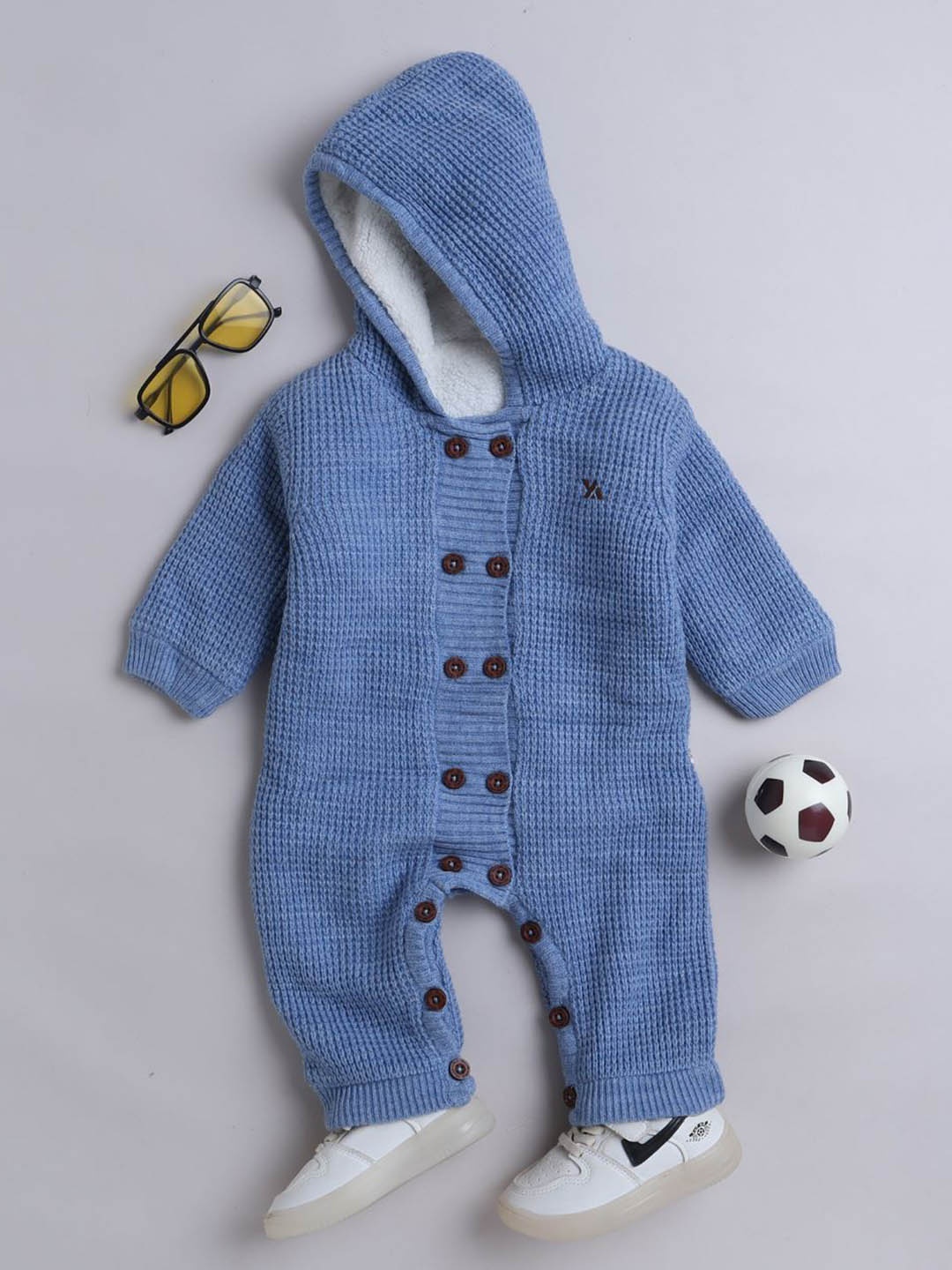 

Yellow Apple Kids Winter Woollen Hooded Rompers, Blue