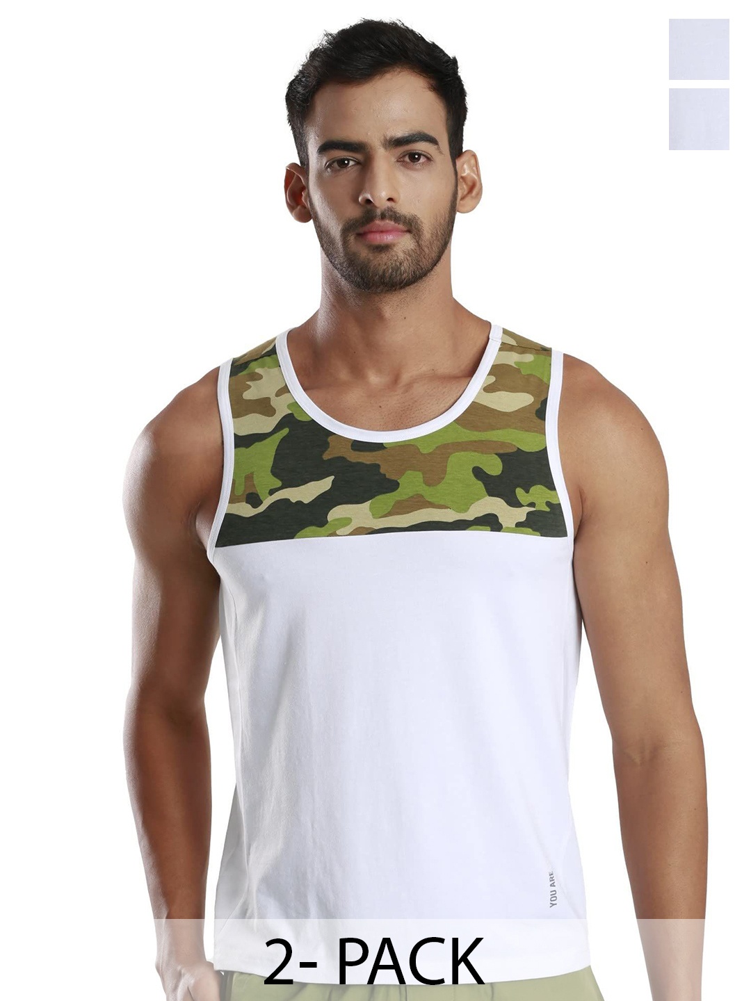 

FREECULTR Men Pack Of 2 Camouflage Printed Innerwear Vests, White