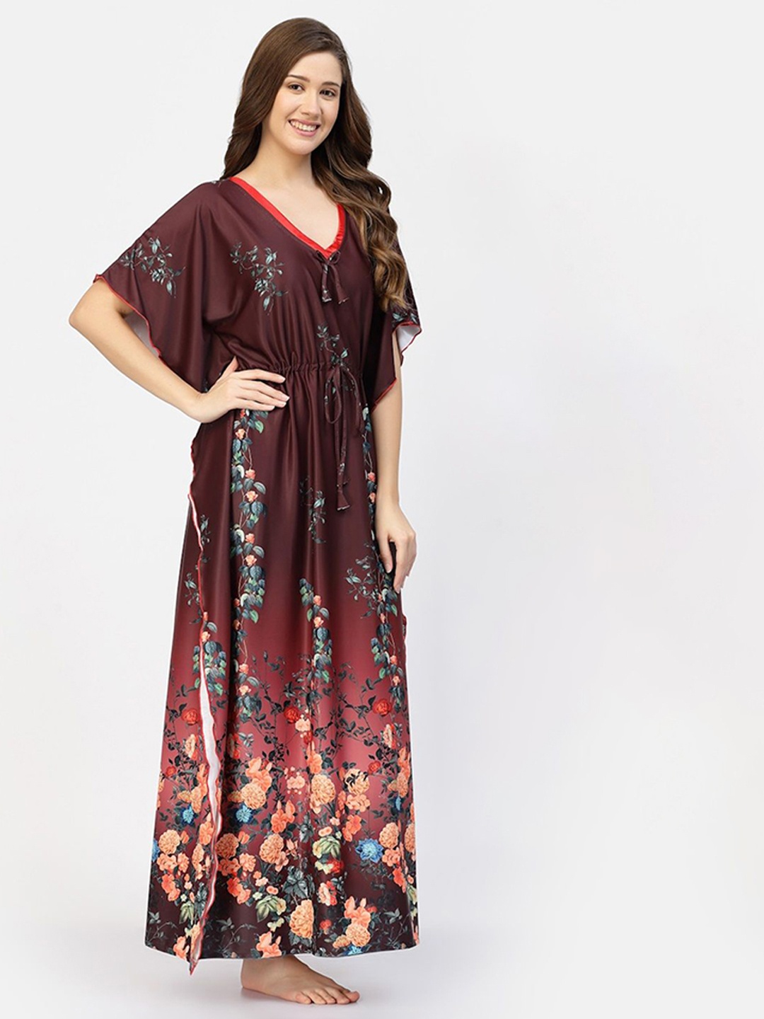 

CHUI MUI Floral Printed Maxi Kaftan Nightdress, Maroon
