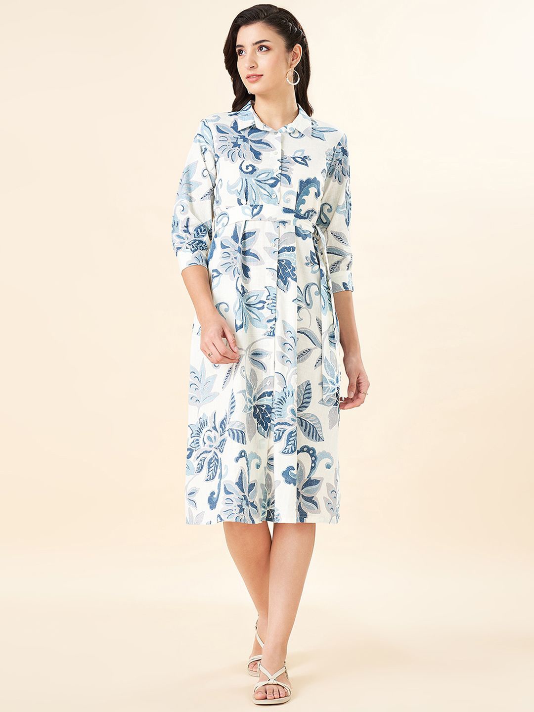 

AKKRITI BY PANTALOONS Women Floral Printed Cotton Shirt Collar Cuffed Sleeves Shirt Dress, Blue