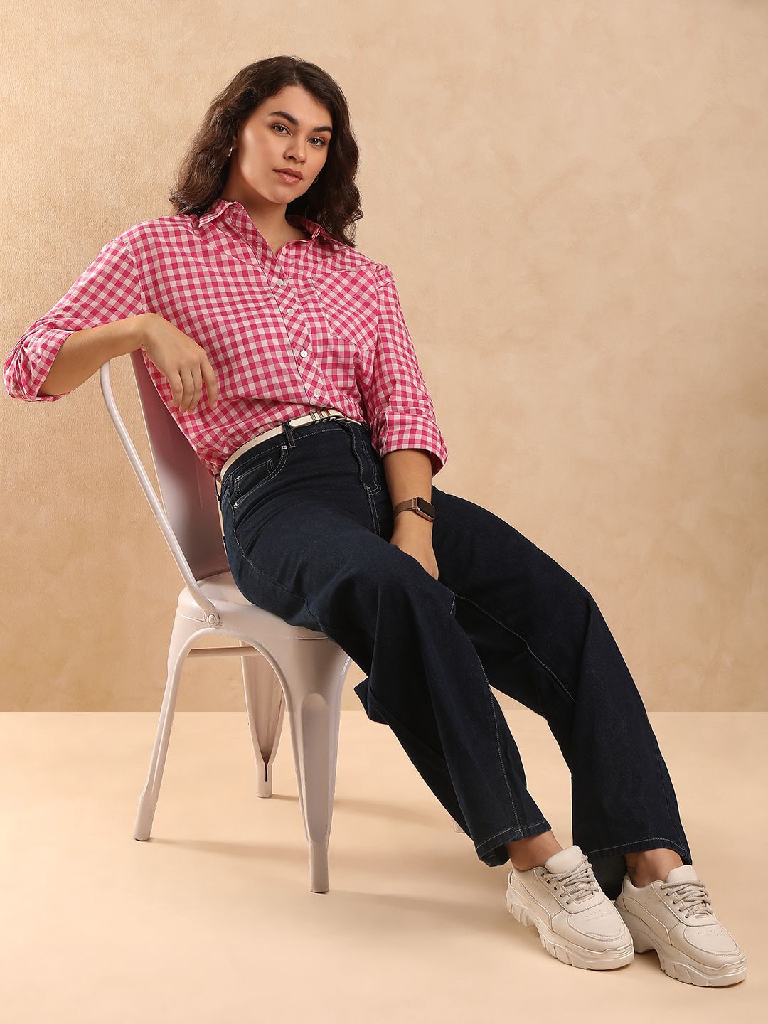 

Gazillion Women Original Spread Collar Gingham Checked Cotton Relaxed Fit Semiformal Shirt, Pink