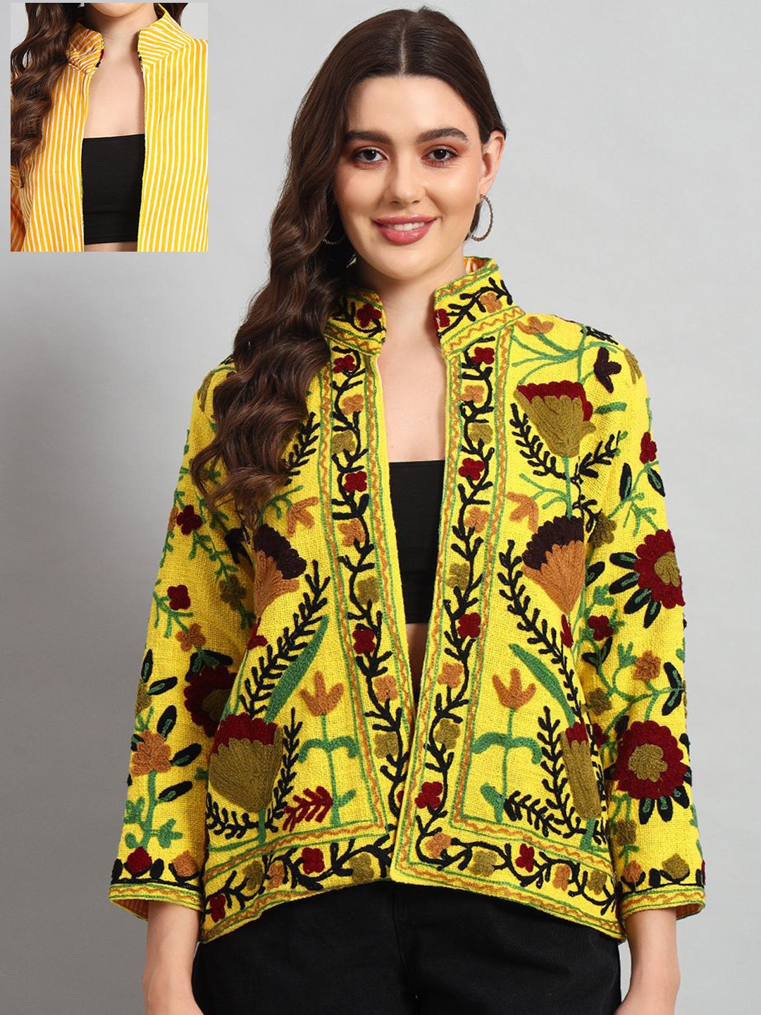 

HANDICRAFT PALACE Women Floral Embroidered Cotton Ethnic Open Front Reversible Jacket, Yellow