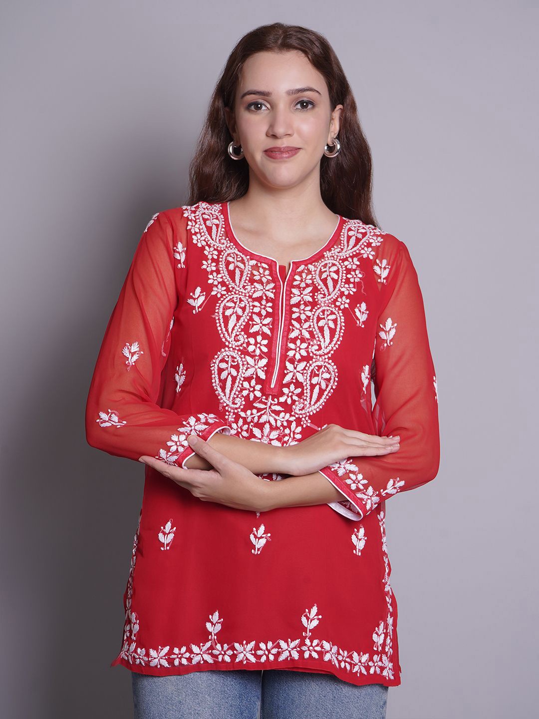 

Seva Chikan Ethnic Motifs Embroidered Chikankari Kurti & Slip, Red