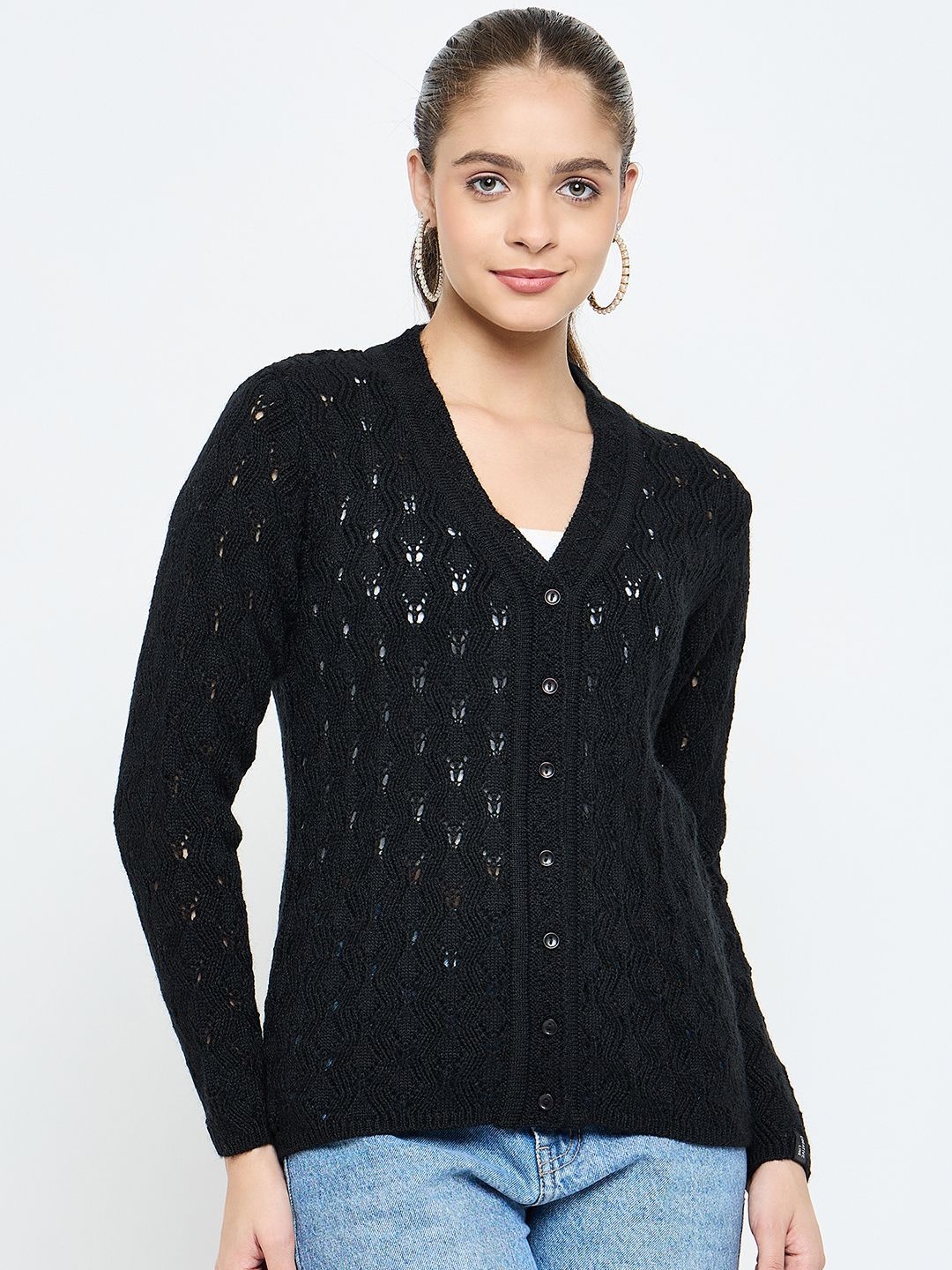 

CREATIVE LINE Women Self Design Woollen Cardigan, Black