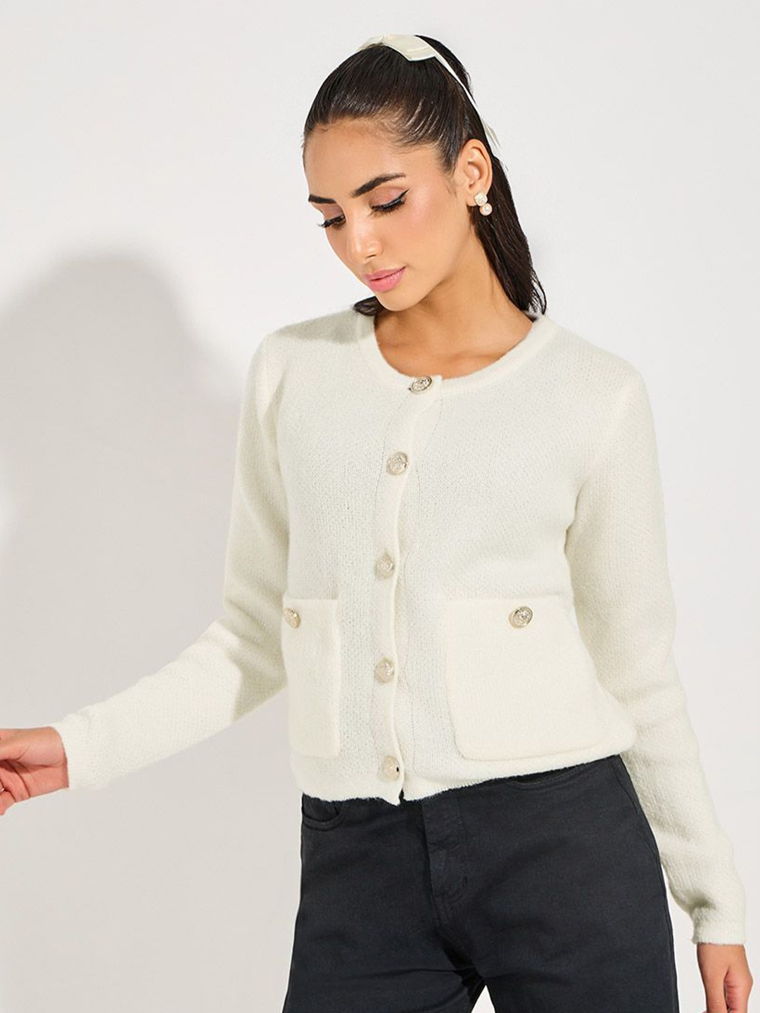 

Styli Women Regular Fit Long Sleeves Jumper In Fuzzy Yarn With Frill Detail, Off white