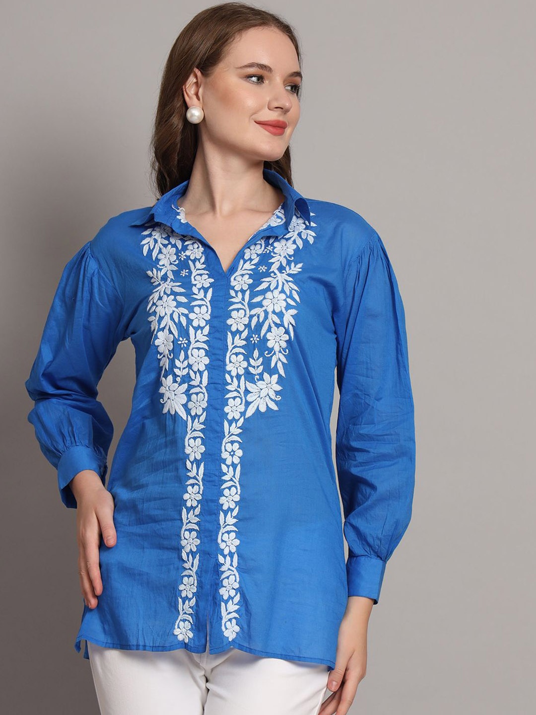 

The Chikan Label Floral Embroidered Shirt Collar Pure Cotton A-Line Kurti, Blue