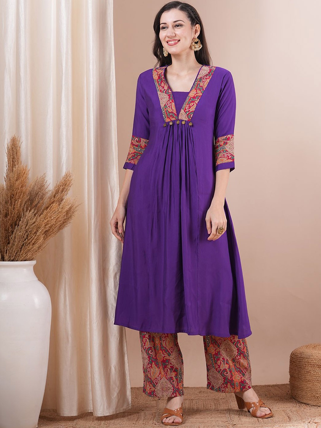 

FASHOR Floral Embroidered Pleated Sequined A-Line Kurta With Palazzos, Purple