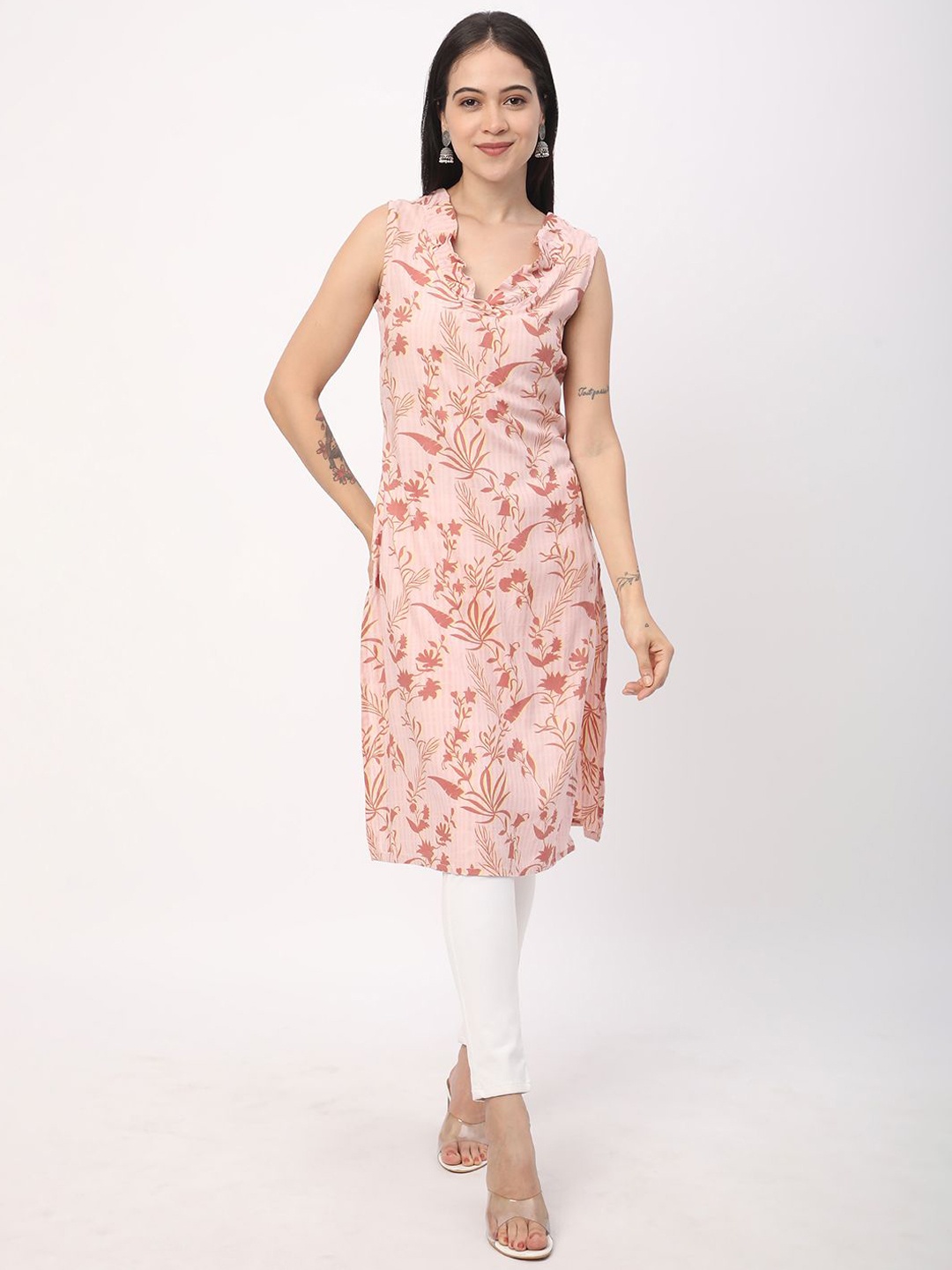 

R&B Floral Printed V-Neck Sleeveless Regular Straight Kurta, Peach