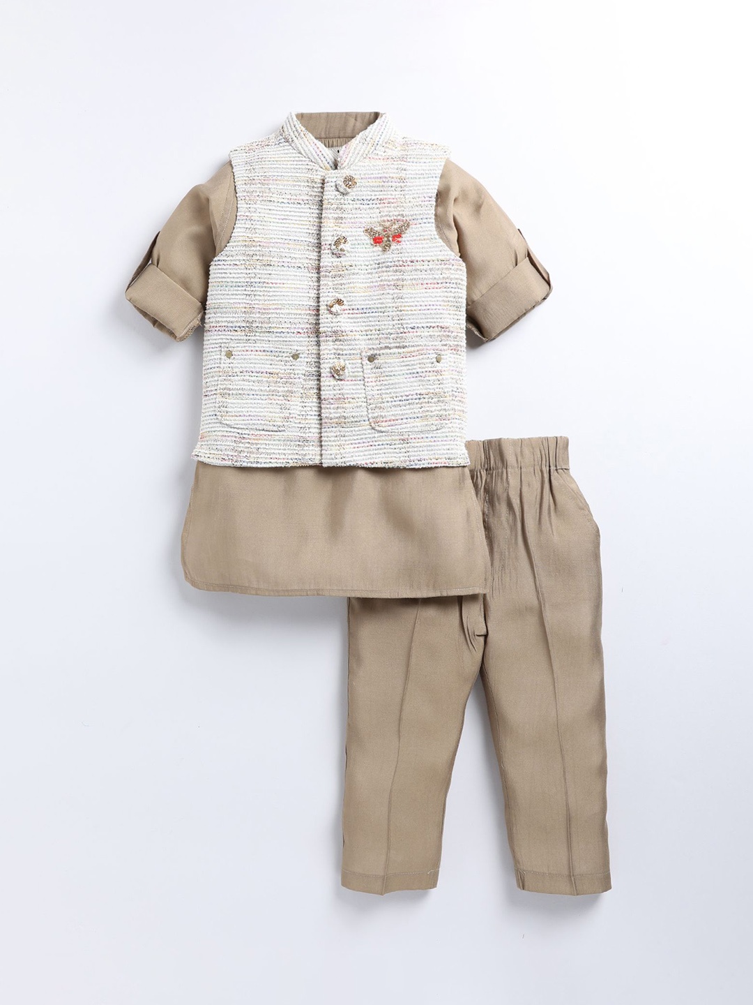 

LITTLE COLLARS Boys Mandarin Collar Straight Kurta with Pyjamas, Beige