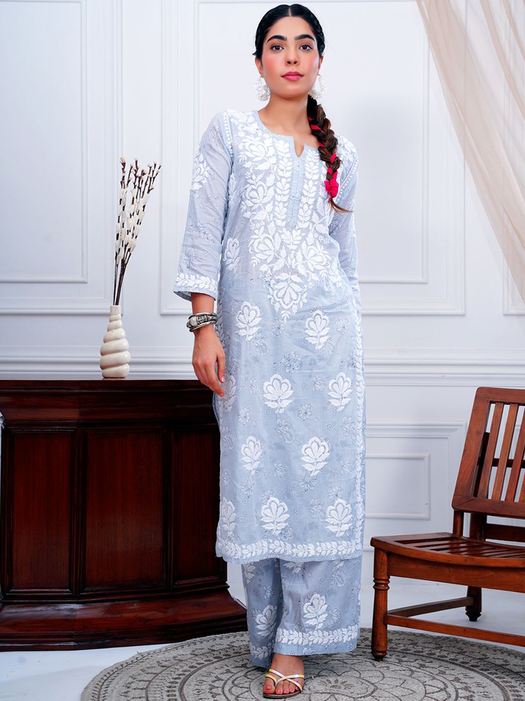 

The Chikan Label Floral Embroidered Chikankari Mulmul Cotton Straight Kurta with Palazzos, Grey