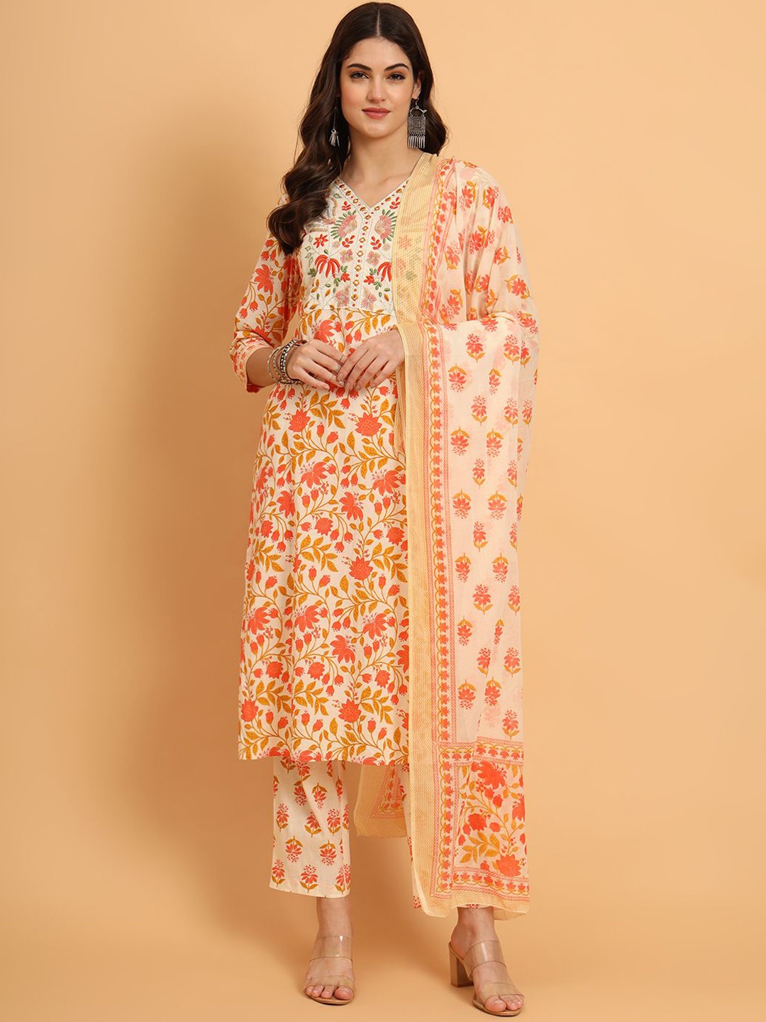 

KALINI Floral Printed Thread Work Pure Cotton Straight Kurta With Trouser & Dupatta, Orange