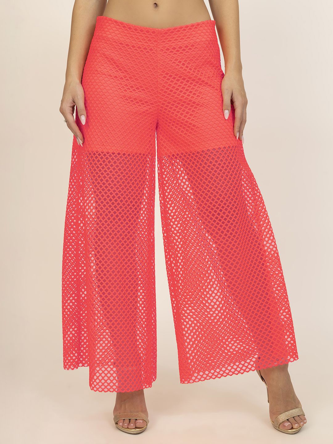 

LELA Women Polka Dot Net Flared Palazzos, Pink