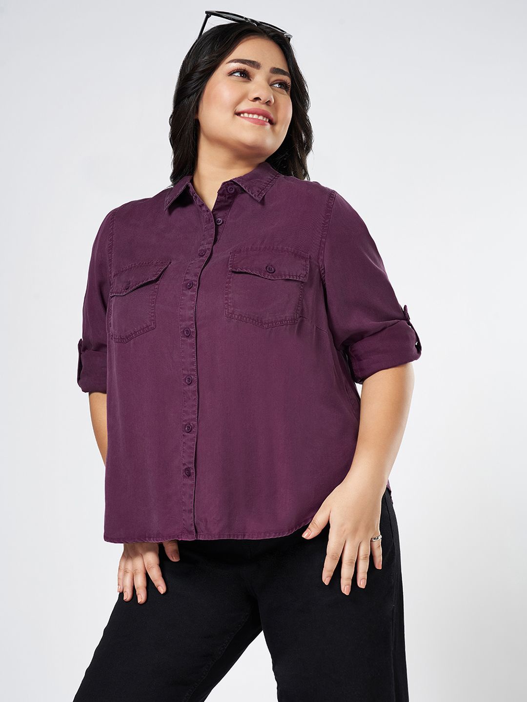 

Honey Curvytude by Pantaloons Women Cotton Plus Size Roll-Up Sleeves Shirt Style Top, Purple