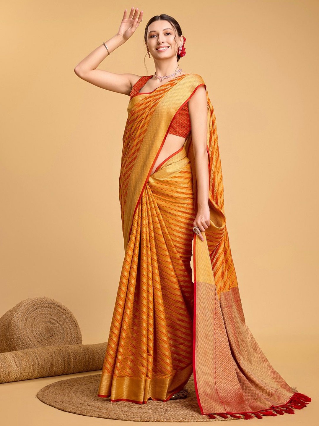 

Suha Woven Design Zari Pure Silk Leheriya Saree, Mustard