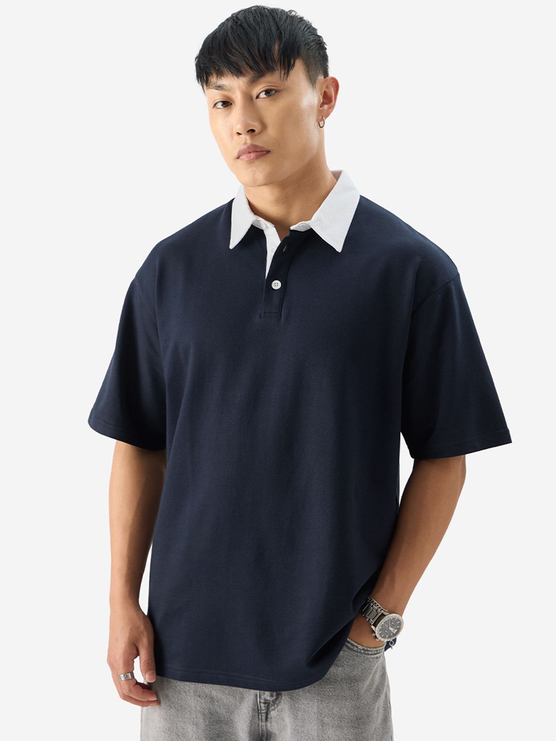 

The Souled Store Men Solid Polo Collar Cotton Oversized T-shirt, Navy blue