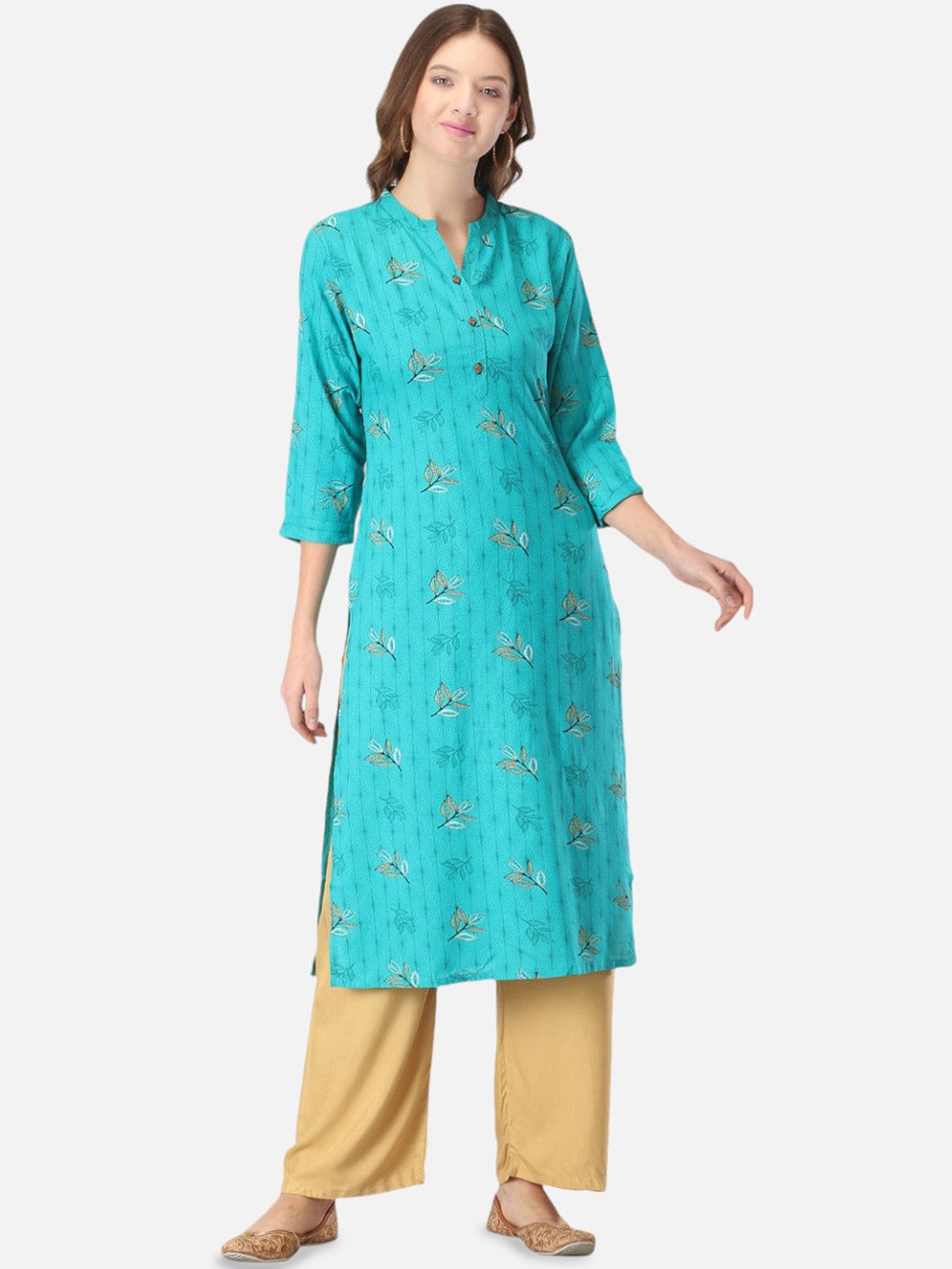 

Biyu Floral Printed Mandarin Collar Cotton Straight Kurta, Turquoise blue