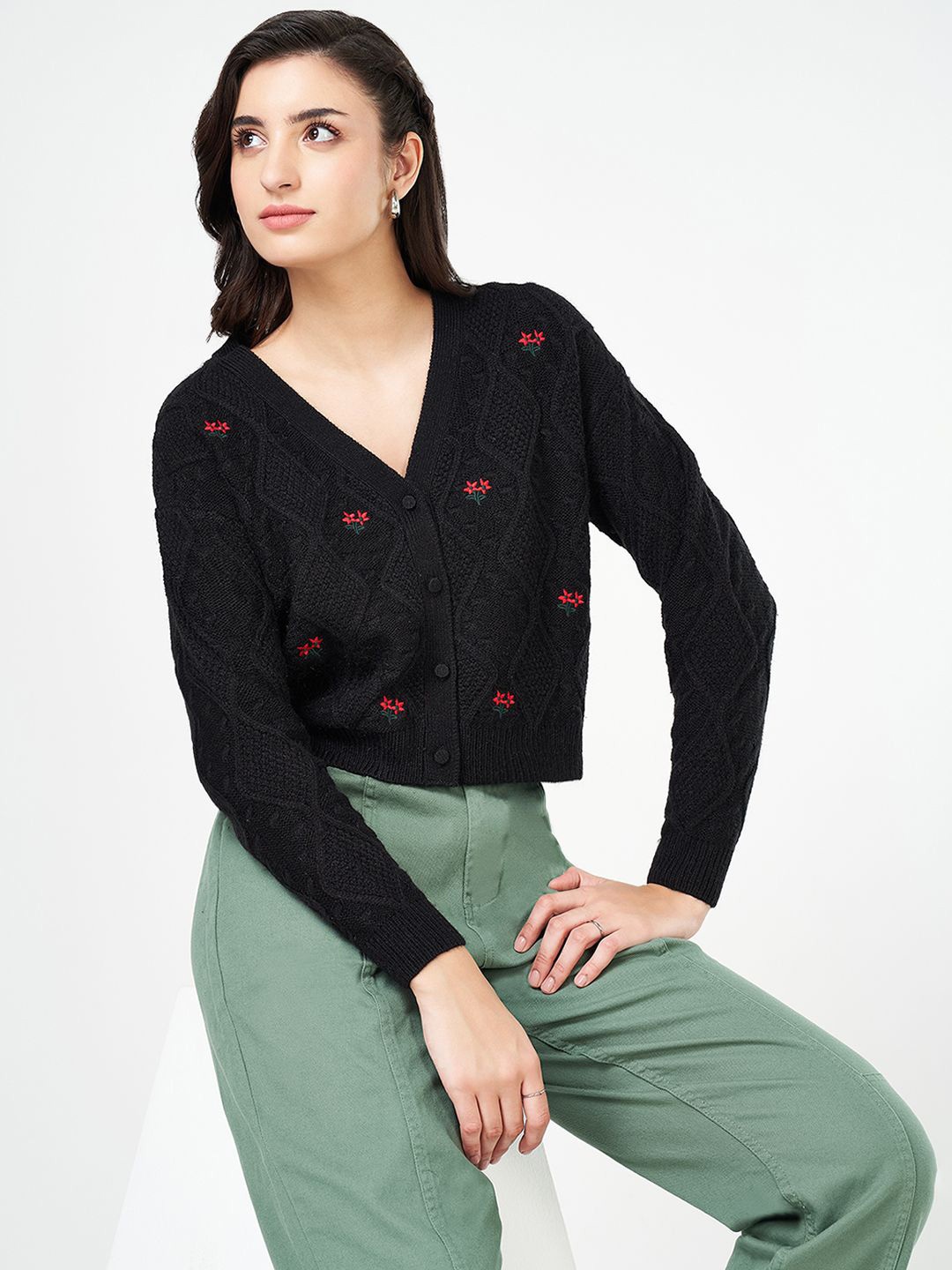 

Honey by Pantaloons Women Self Design Cardigan, Black