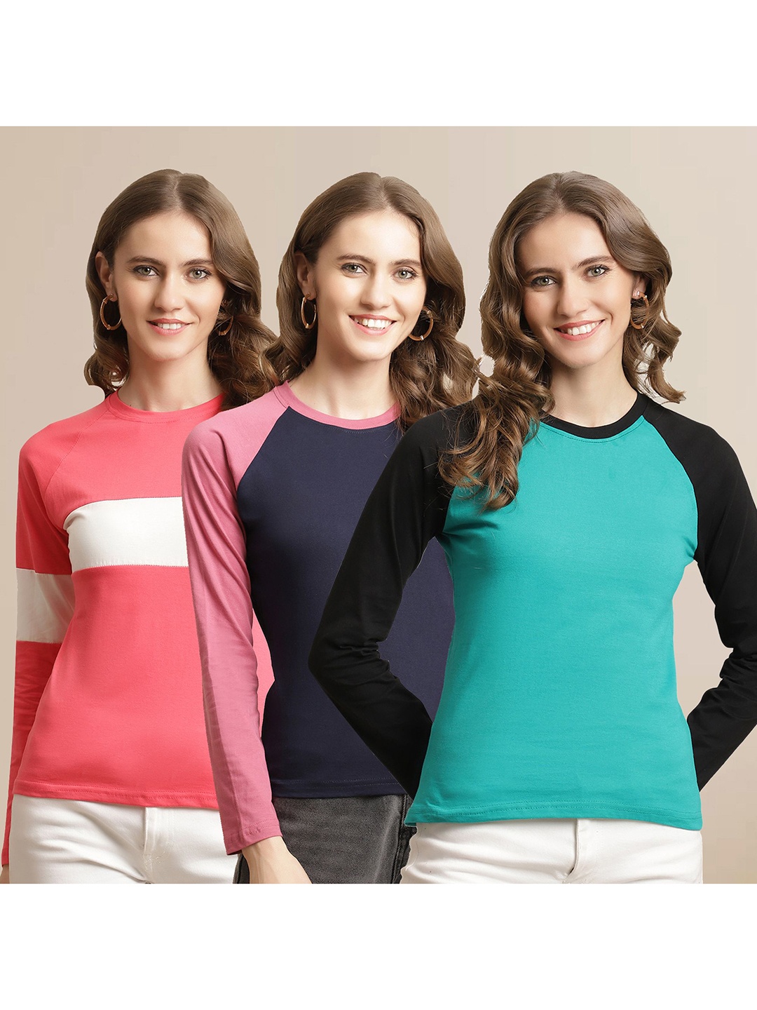 

Metronaut Women Pack Of 3 Colourblocked Round Neck Cotton T-shirts, Pink