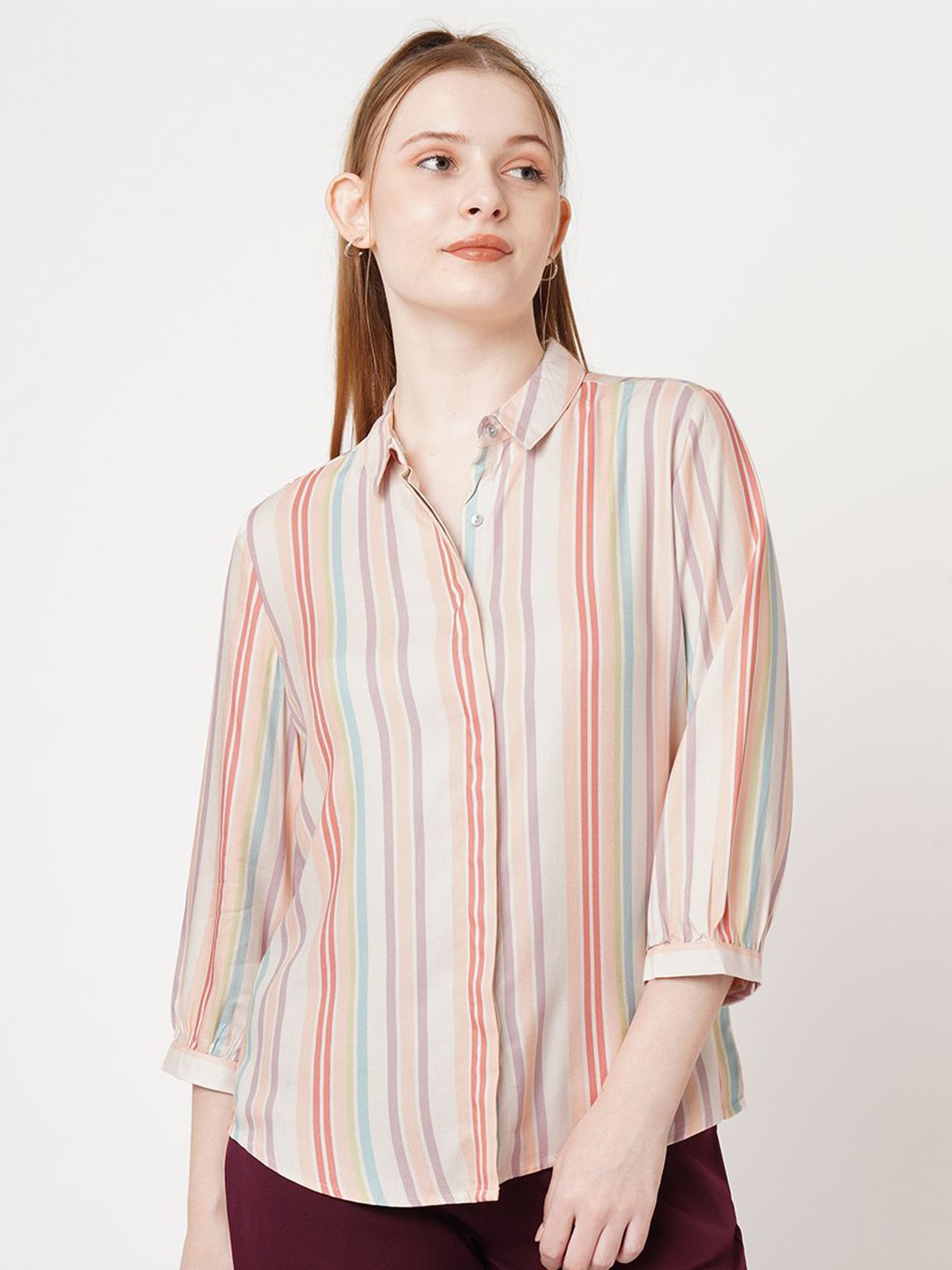 

Kraus Jeans Women Spread Collar Vertical Striped Slim Fit Casual Shirt, Beige