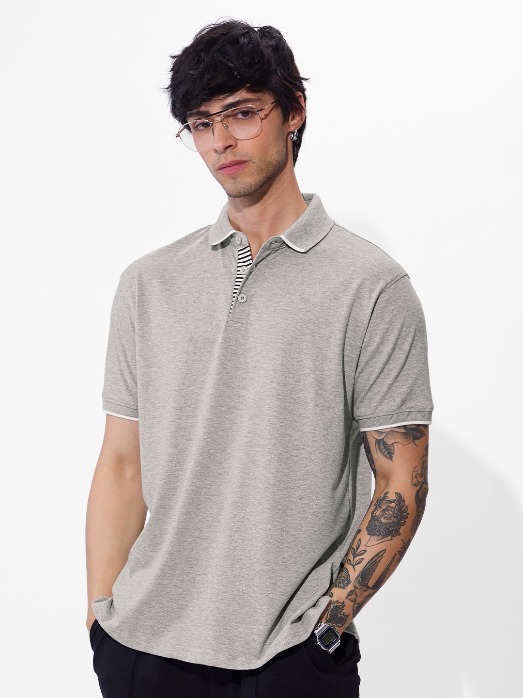 

The Souled Store Men Solid Polo Collar Cotton T-shirt, Grey