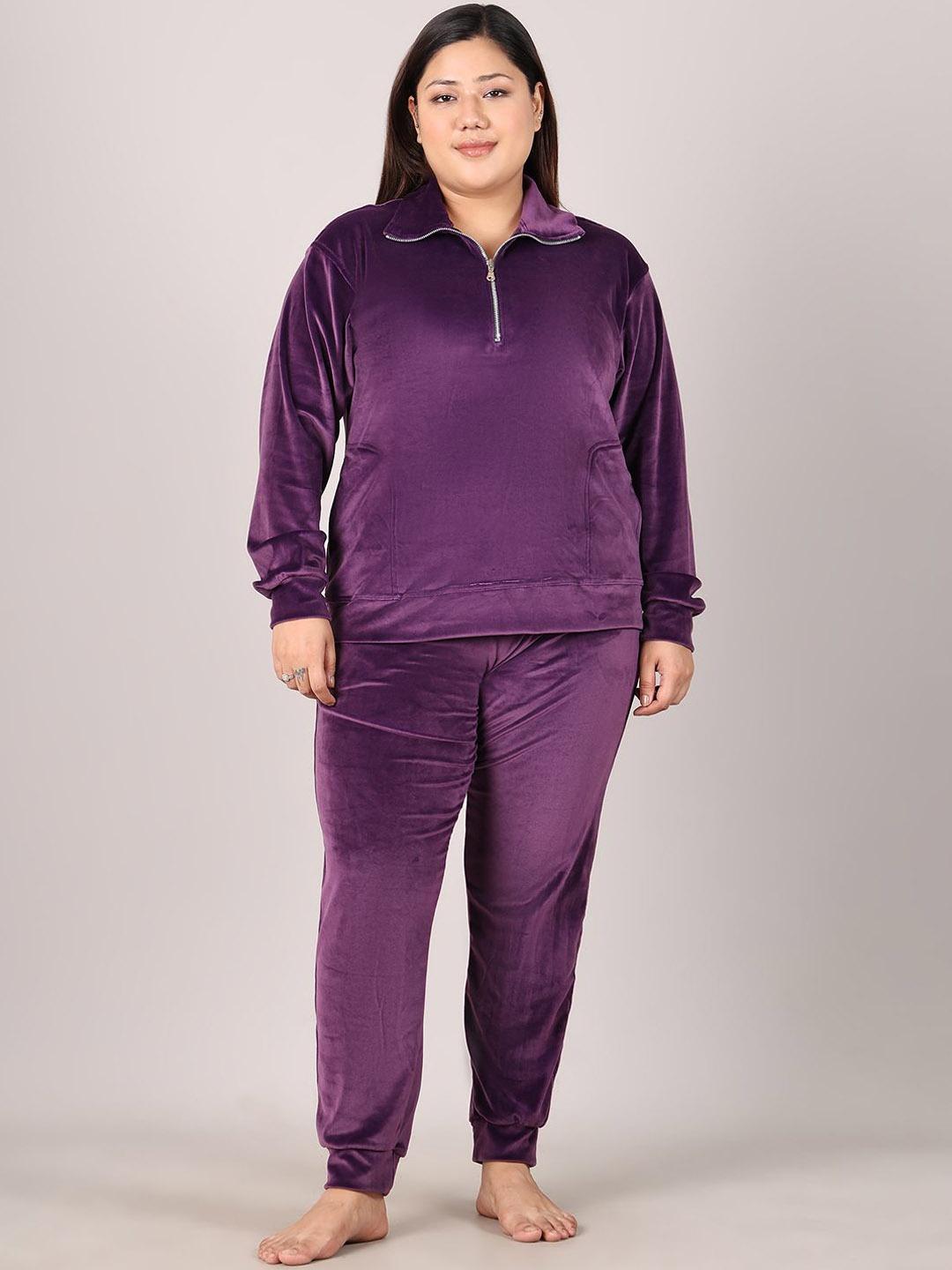 

TAG 7 Women Plus Size Zipped Shirt Collar Long Sleeves Night suit, Purple