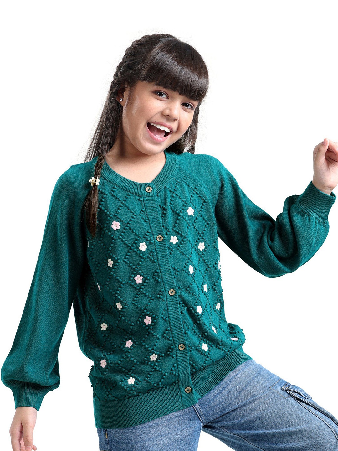 

ARIAS By LARA DUTTA Girls Cotton Floral Jacquard Front Button Open Sweater, Green
