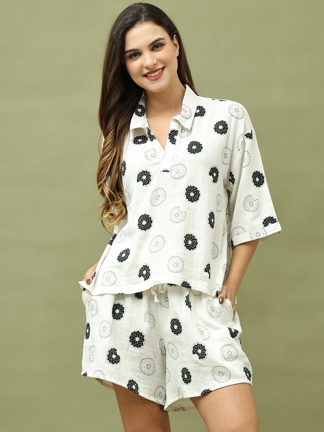 

TAG 7 Women Printed Pure Cotton Night suit, White