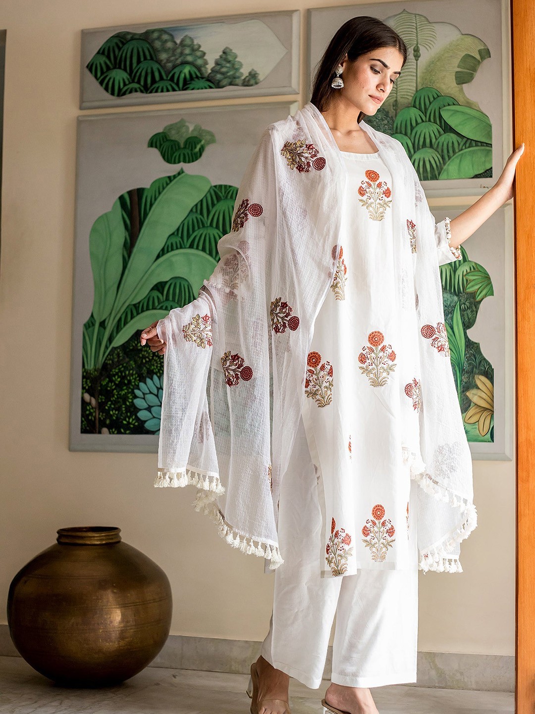 

GulaboJaipur Floral Printed Pure Cotton Straight Kurta With Trousers & Dupatta, White