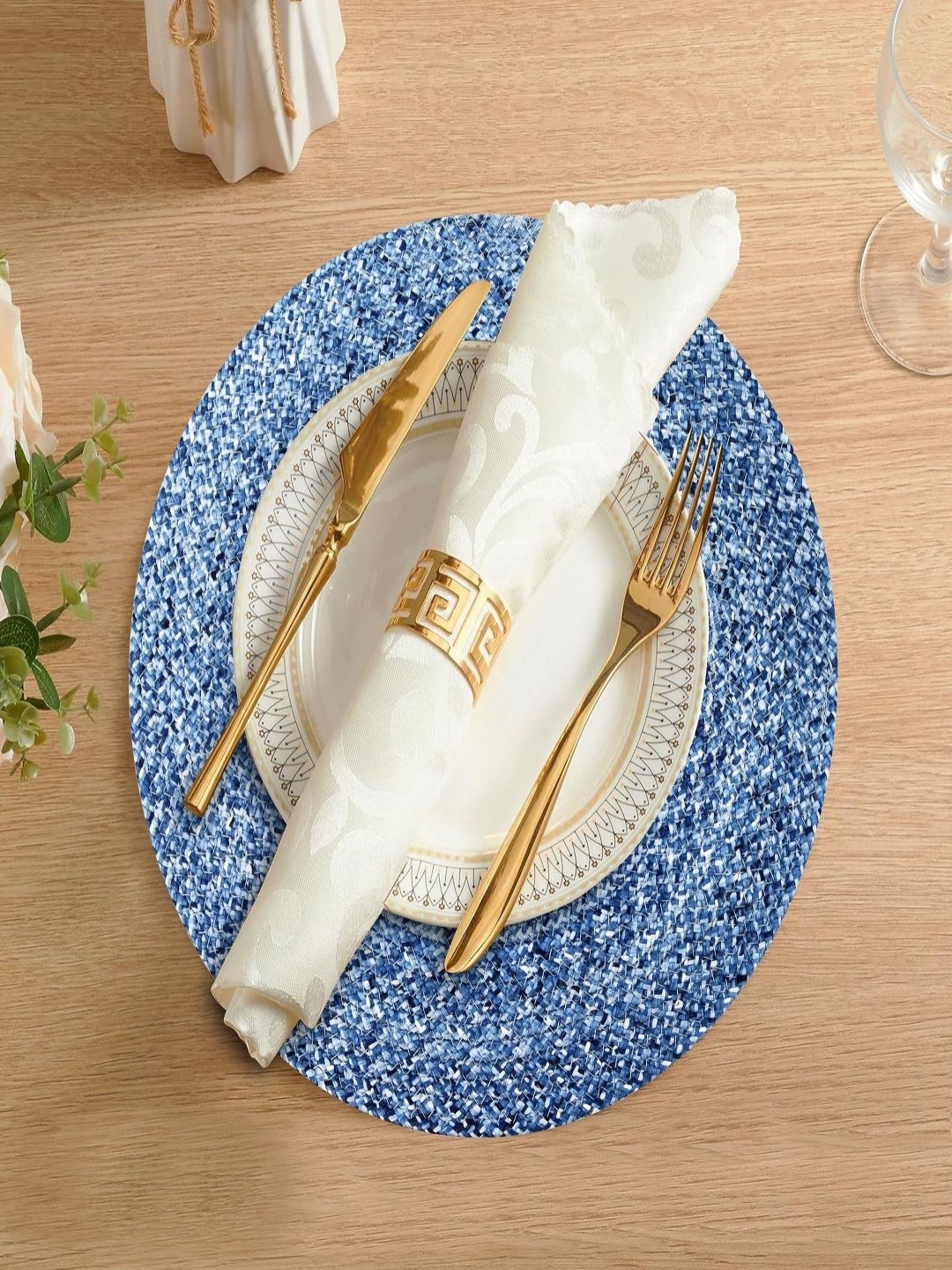 

LADLI JEE Blue & White Woven Design Heat Resistant Table Placemats