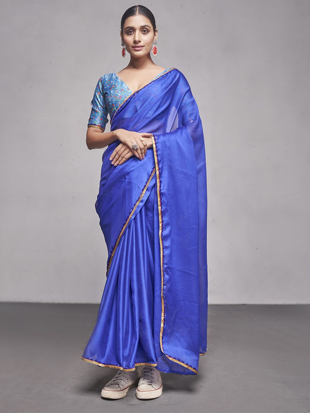 

Mitera Sequinned Pure Chiffon Ready to Wear Saree, Blue