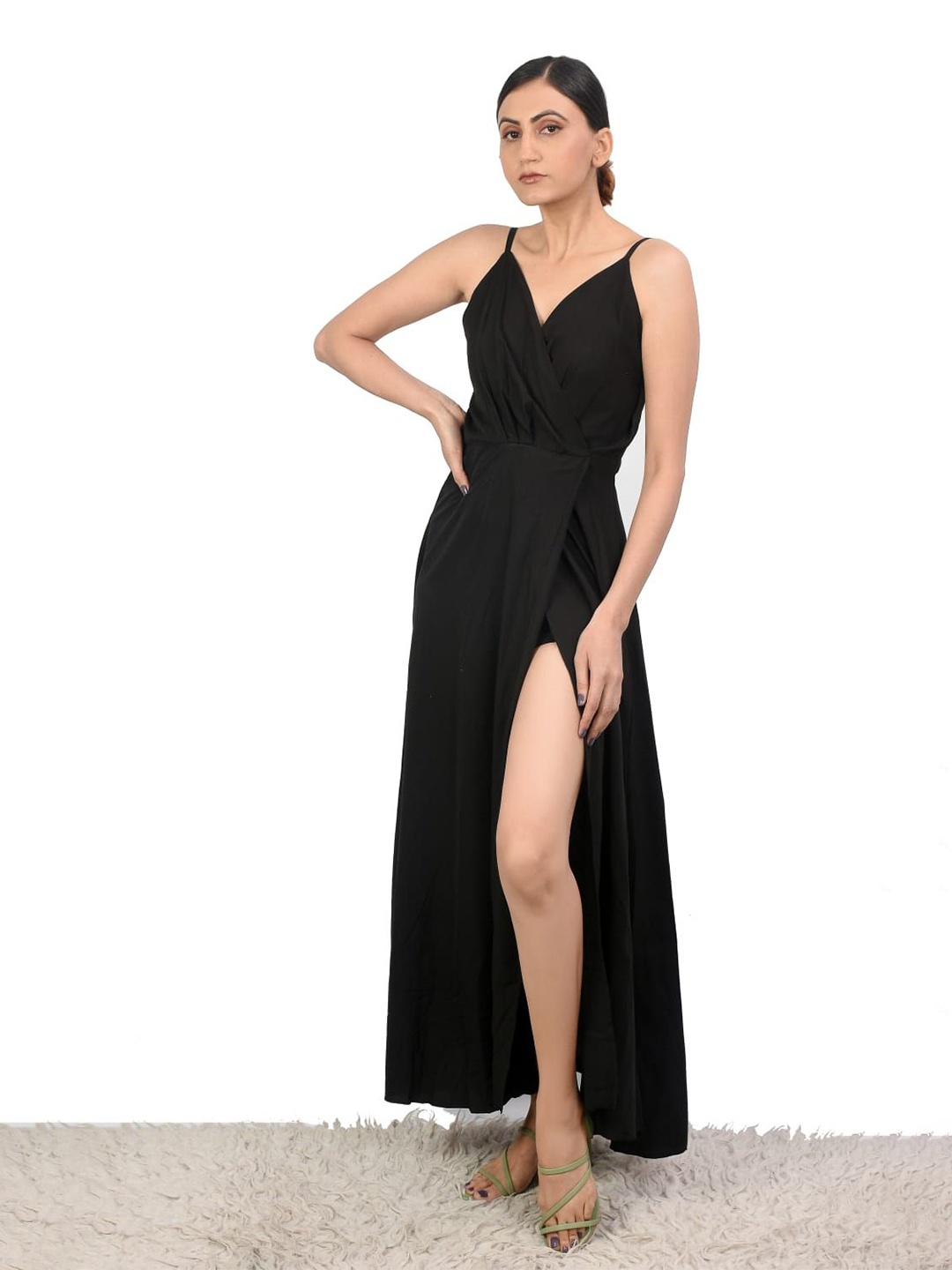 

MIRAYYA Solid Shoulder Straps Front Cut Maxi Wrap Dresses, Black