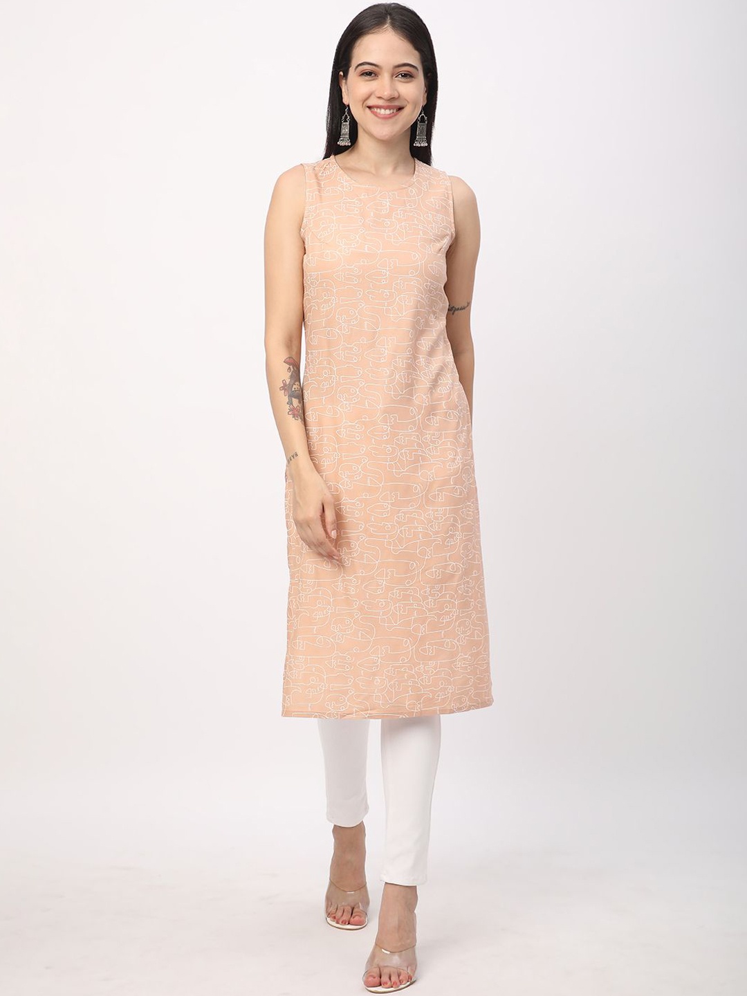 

R&B Abstract Printed Round Neck Sleeveless Regular Straight Kurta, Brown